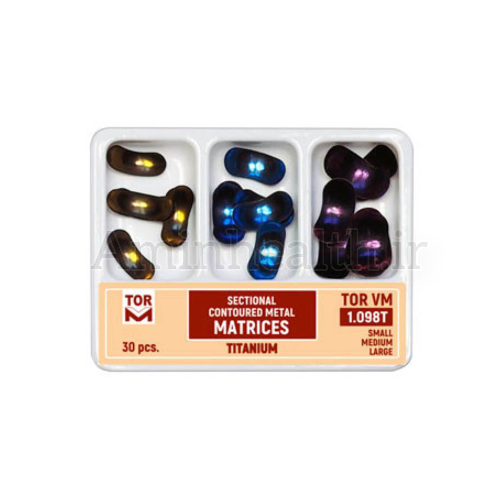 کیت ماتریکس سکشنال تیتانیومی - Sectional Titanium Matrices:  این نوار ماتریکس بسیار منعطف بوده و دور تا دور تاج دندان بسته می‌شود. برای شکل دادن به این ماتریکس سکشنال می‌توانید از پنس استفاده کنید. در حقیقت این محصول جهت ایجاد دیواره موقت کاربرد دارد و مواد ترمیمی دور تا دور آن قرار می‌گیرند. جنس این محصول از استیل ضد زنگ است که می‌توان بدون نگرانی از خوردگی و زنگ زدگی با مواد ضدعفونی کننده یا دستگاه اتوکلاو آن را استریل کرد.